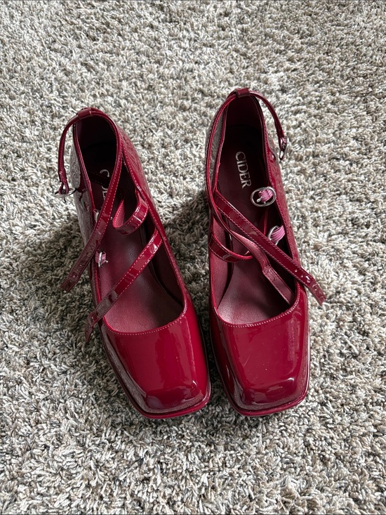 Cider Shoes - Cider Deep Red Patent Cross-Strap Block Heels